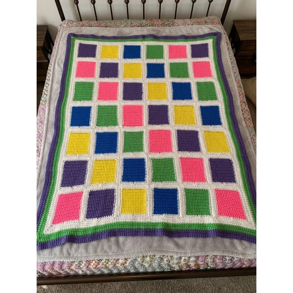 Handmade Vintage Bright Multicolor Crochet Squares Afghan Blanket 48